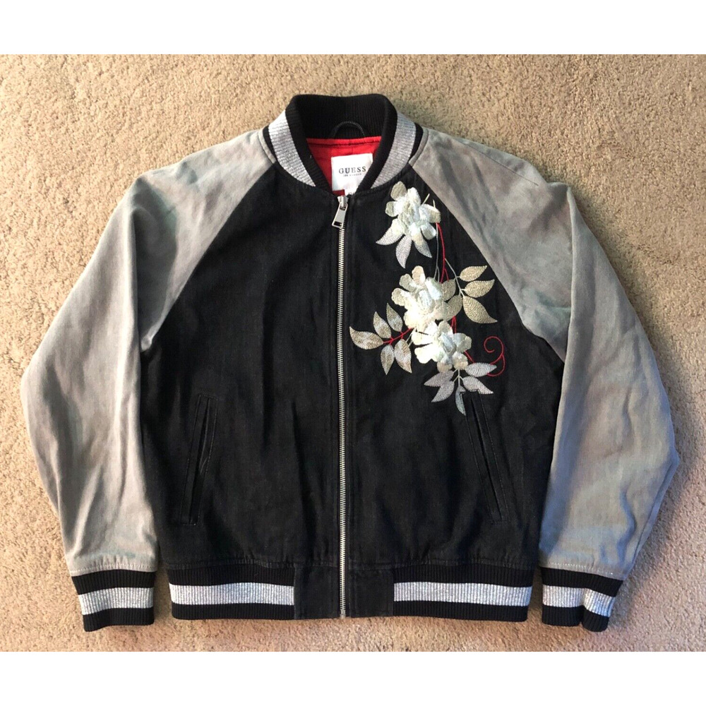 Vintage Woman's Guess Jacket with Embroidered Flowers on front and back Black XS
